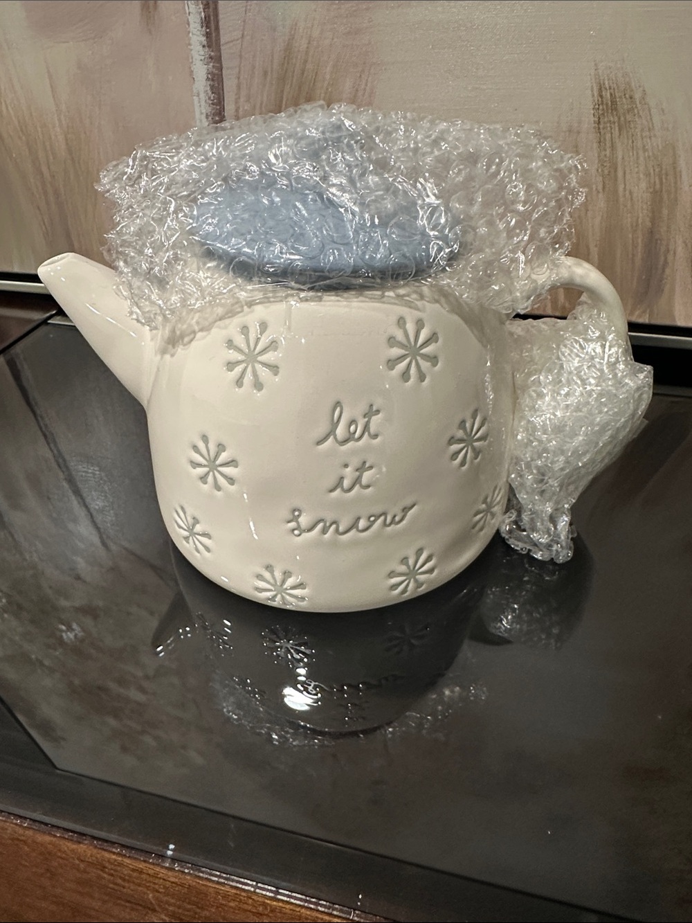 Rae Dunn White "Let It Snow" Ceramic Teapot with Light Blue Lid. New.